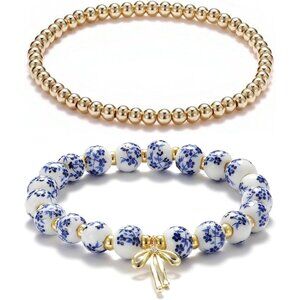 Beaded Charm Blue Stack Bracelet Women Vintage Flower Handmade Romantic Jewelry